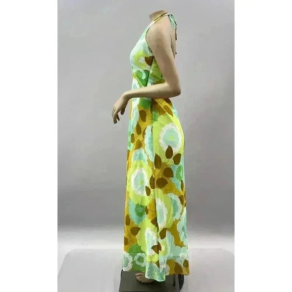 Odille Maxi Dress Size 6 Green Brown Floral Halter Empire 60s Retro Hippie Smock - Picture 3 of 11